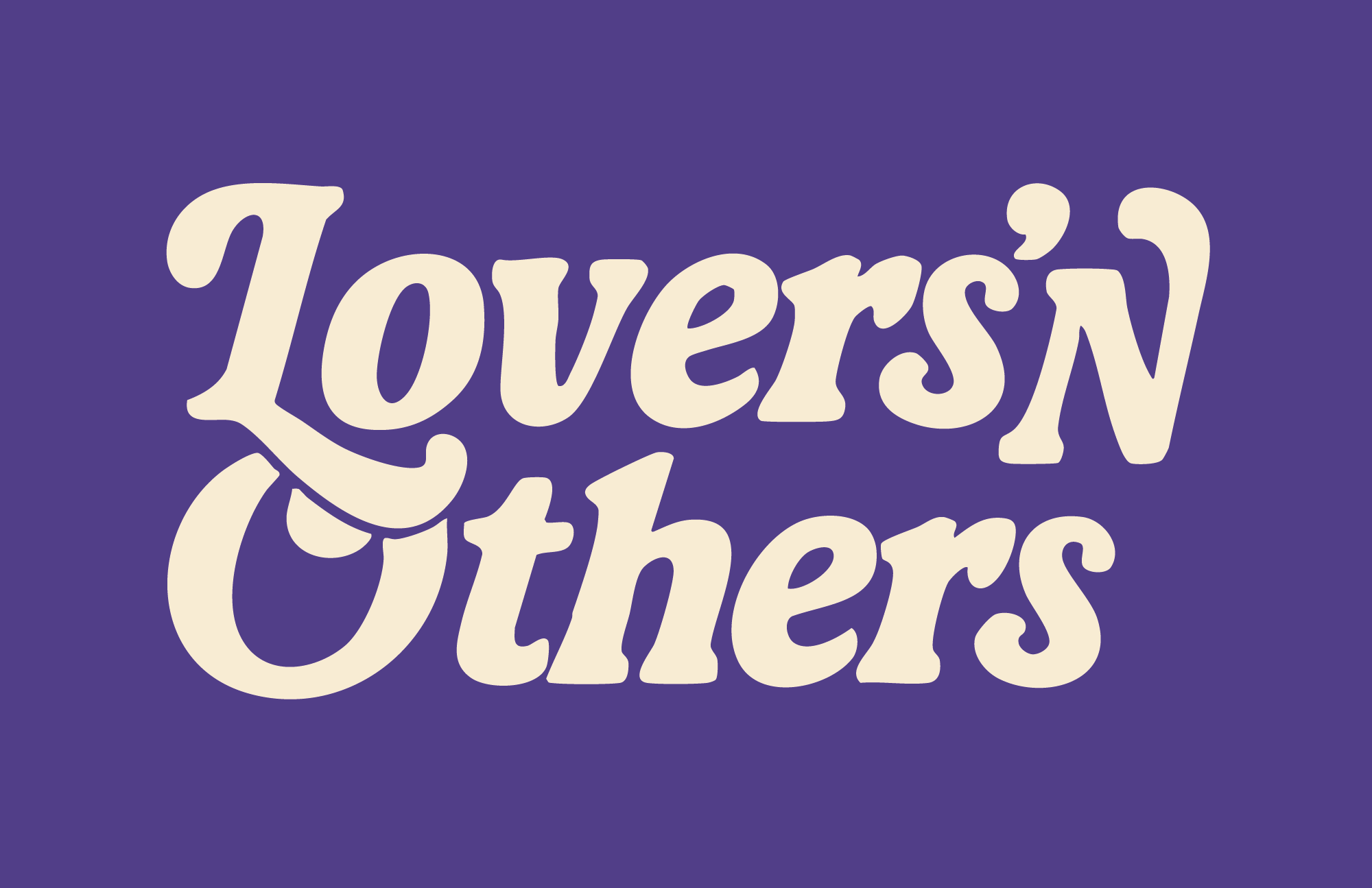 ENGLIS: Lovers'N Others logo – Retro style brand logo. Cream letters on purple background ES: Logo de Lovers'N Others – Logotipo de estilo retro en letras de color crema sobre fondo morado